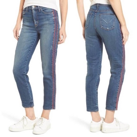 Hudson Jeans Zoeey Ankle Straight Leg Red Tuxedo Stripe Distressed Size 24 - Picture 3 of 16